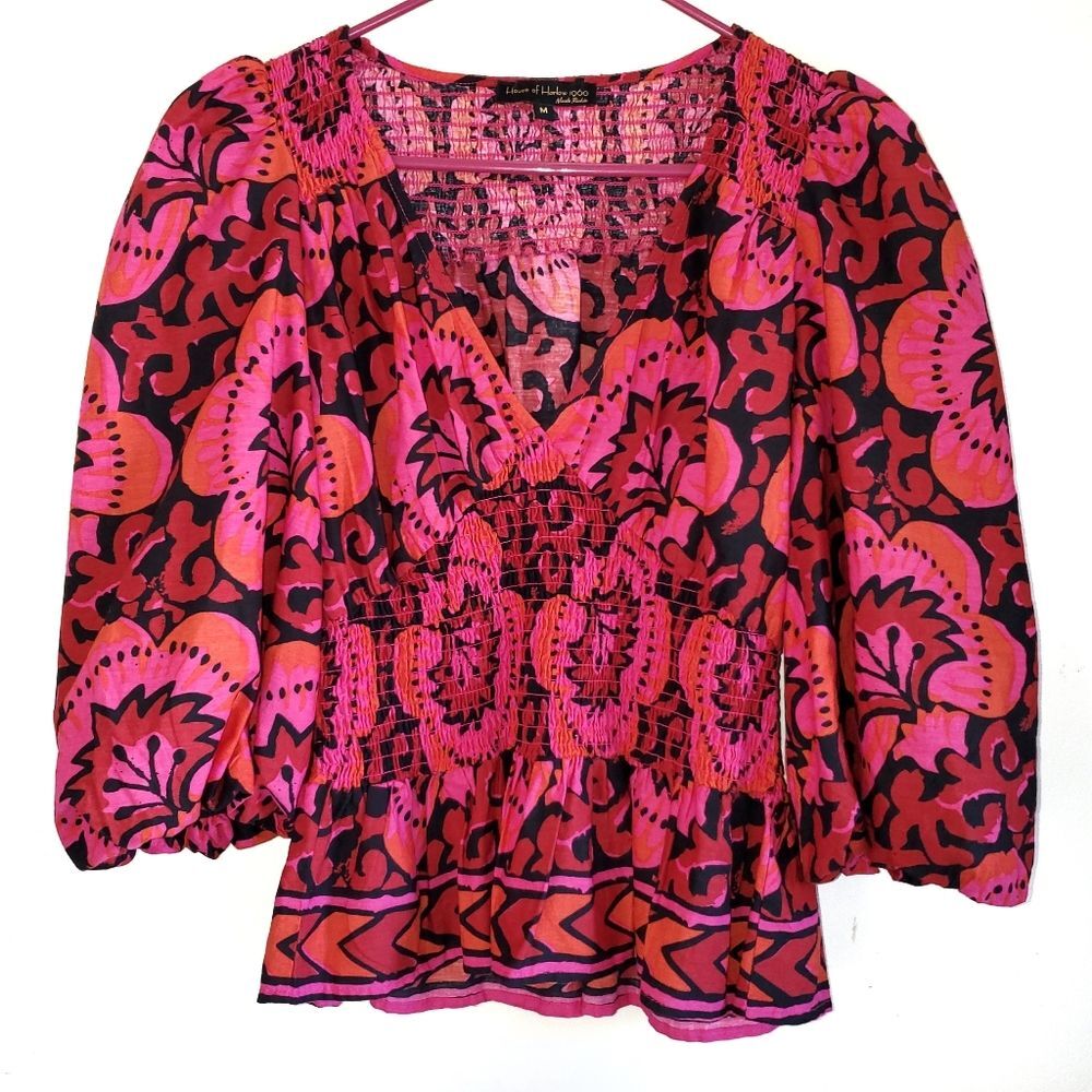 House of Harlow Nicole Richie Pink Black Floral Balloon Sleeve Smocked Top Med.
